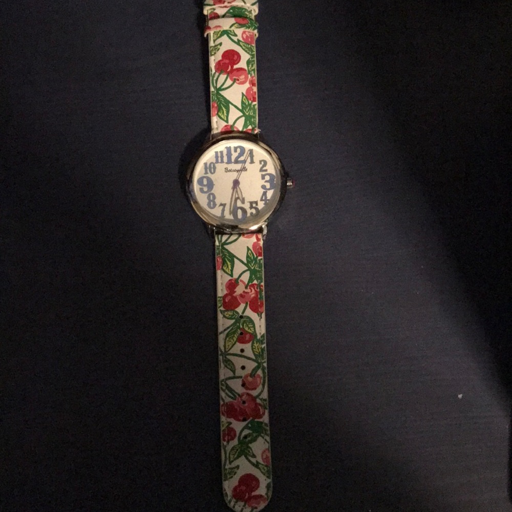 Betseyville watch with cherries leather band.